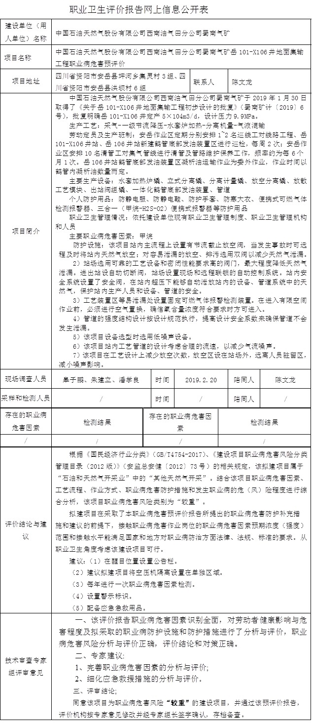 中国石油天然气股份有限公司西南油气田分公司蜀南气矿岳101-X106井地面集输工程职业病危害预评价.jpg