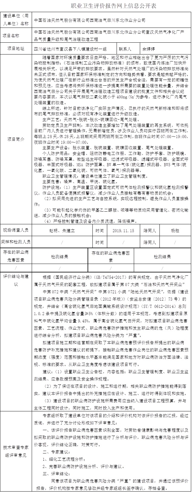 中国石油天然气股份有限公司西南油气田川东北作业分公司宣汉天然气净化厂产品气质量升级和尾气治理改造工程职业病危害因素预评价.jpg