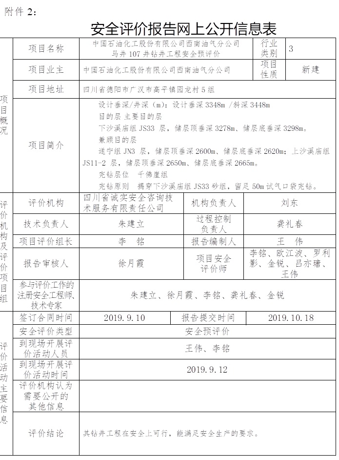 中国石油化工股份有限公司西南油气分公司马井107井钻井工程安全预评价.jpg