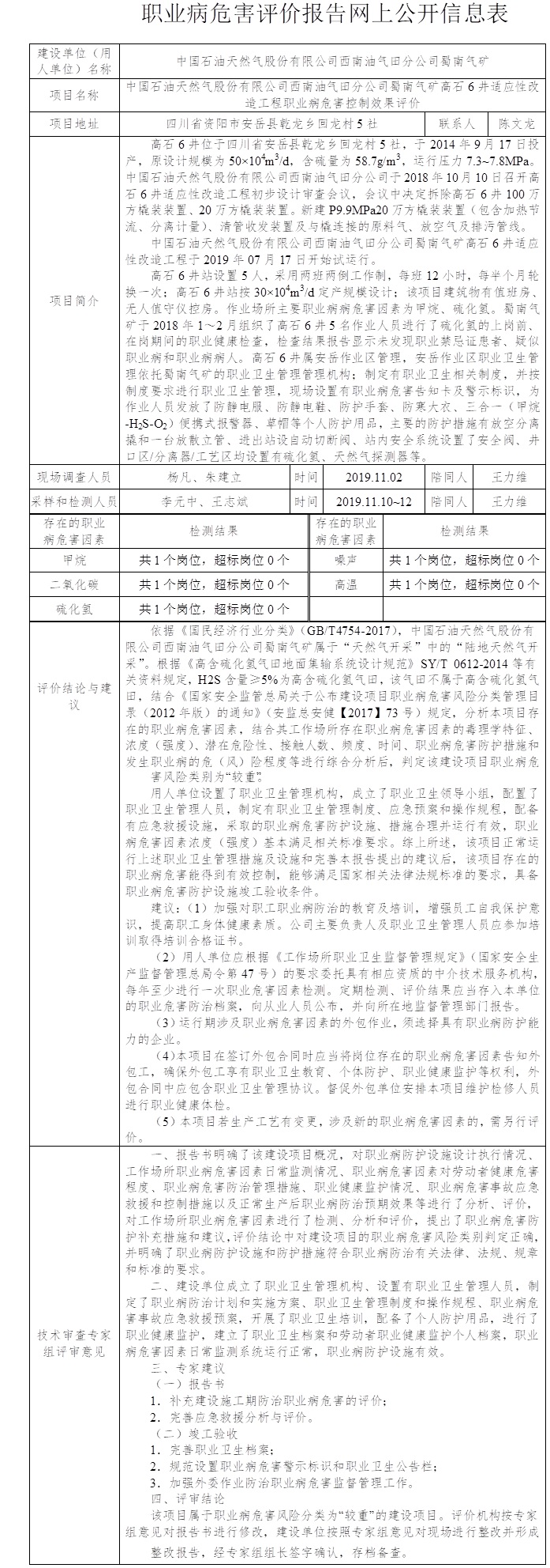 中国石油天然气股份有限公司西南油气田分公司蜀南气矿高石6井适应性改造工程职业病危害控制效果评价.jpg