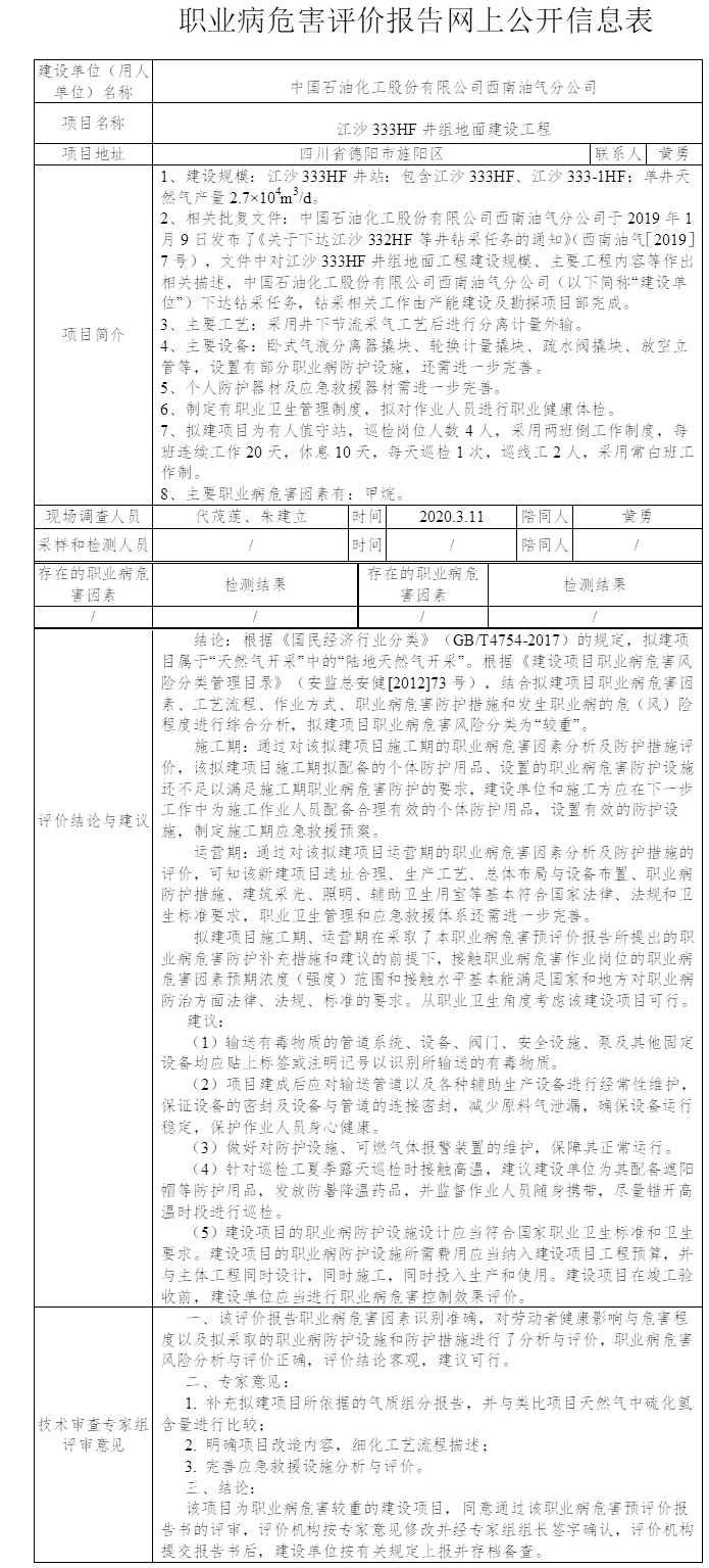 中国石油化工股份有限公司西南油气分公司江沙333HF井组地面建设工程职业病危害预评价.png