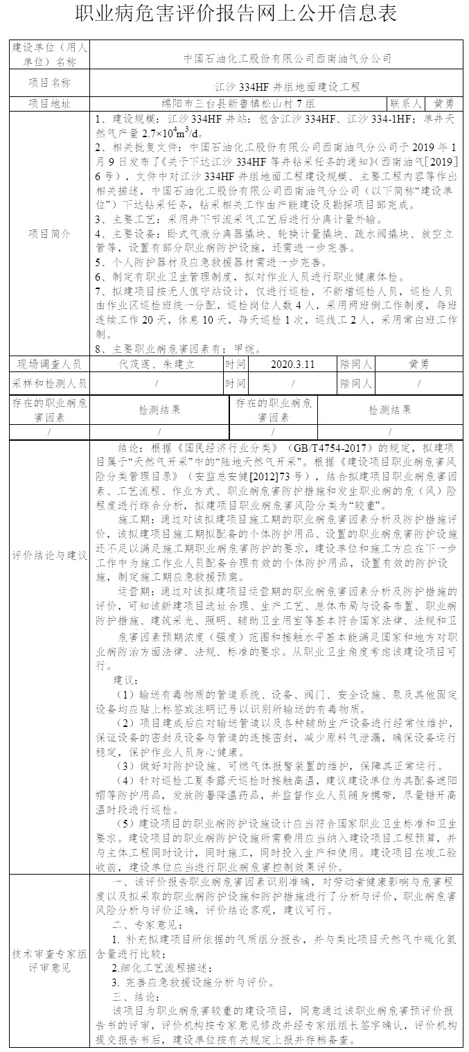 中国石油化工股份有限公司西南油气分公司江沙334HF井组地面建设工程职业病危害预评价.png