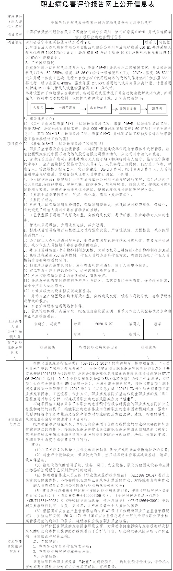 中国石油天然气股份有限公司西南油气田分公司川中油气矿磨溪016-H1井试采地面集输工程职业病危害预评价.jpg