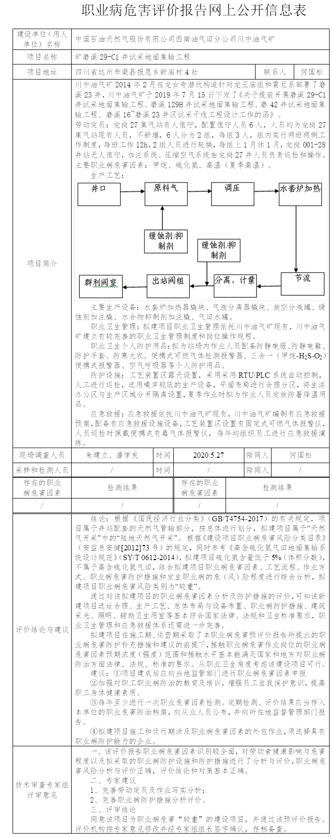 中国石油天然气股份有限公司西南油气田分公司川中油气矿矿磨溪29-C1井试采地面集输工程职业病危害预评价.jpg