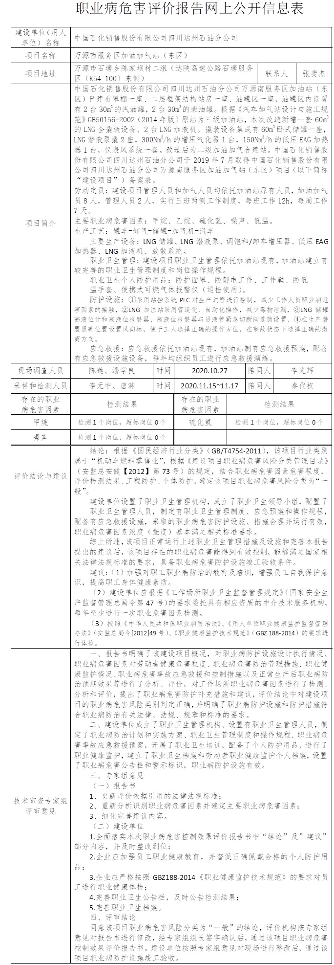 中国石化销售股份有限公司四川达州石油分公司万源南服务区加油加气站（东区）职业病危害控制效果评价.jpg