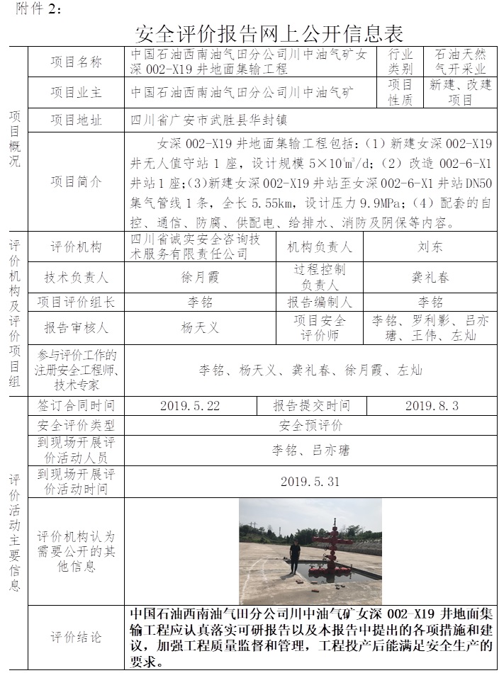 中国石油西南油气田分公司川中油气矿女深002-X19井地面集输工程安全预评价.jpg