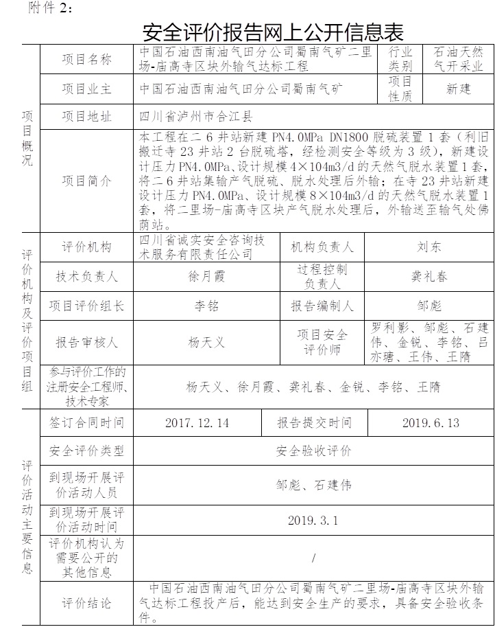 中国石油西南油气田分公司蜀南气矿二里场-庙高寺区块外输气达标工程安全验收评价.jpg