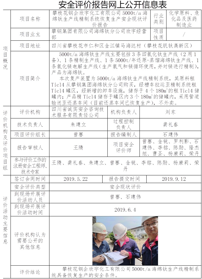 攀枝花钢企欣宇化工有限公司5000t每a海绵钛生产线精制系统恢复生产安全现状评价.jpg