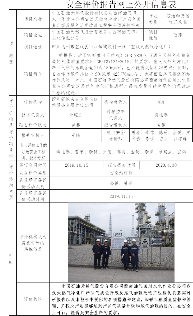 中国石油天然气股份有限公司西南油气田川东北作业分公司宣汉天然气净化厂产品气质量升级及尾气治理改造工程安全预评价.jpg