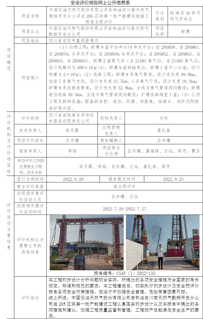 中国石油天然气股份有限公司吉林油田川南天然气勘探开发分公司自205区块第一批产能建设地面工程安全预评价.jpg