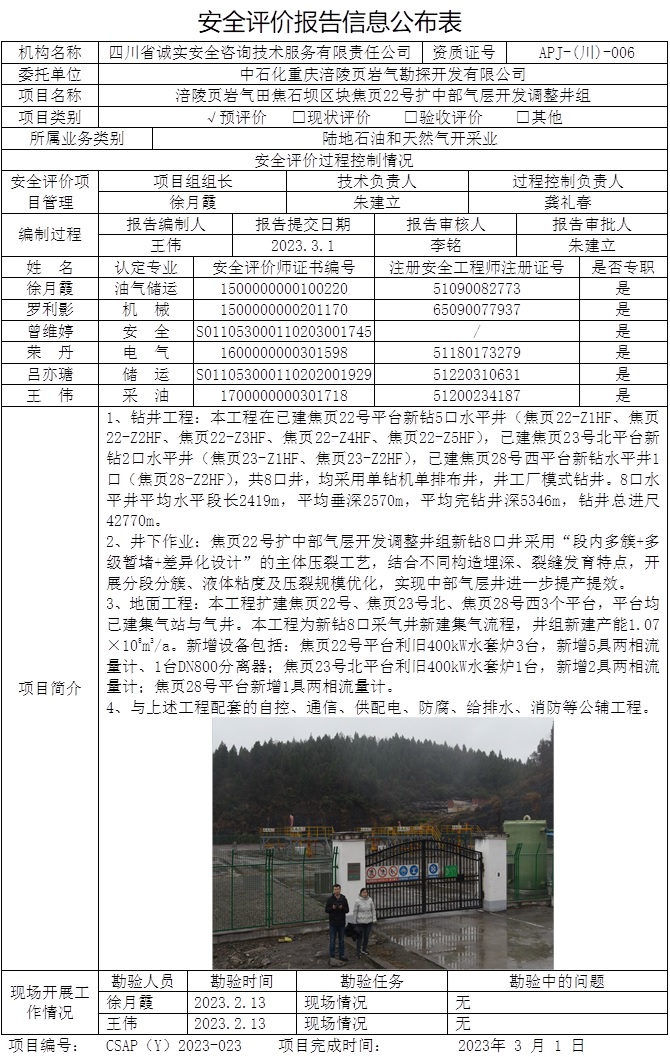 CSAP（Y）2023-023 中石化重庆涪陵页岩气勘探开发有限公司涪陵页岩气田焦石坝区块焦页22号扩中部气层开发调整井组安全预评价报告.jpg