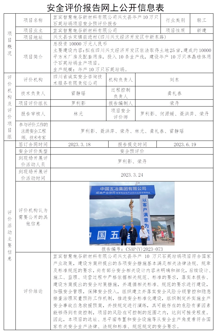 CSAP(Y)2023-073 宜宾智慧电谷新材料有限公司兴文县年产10万只石英坩埚项目安全预评价报告 2023.6.19.jpg