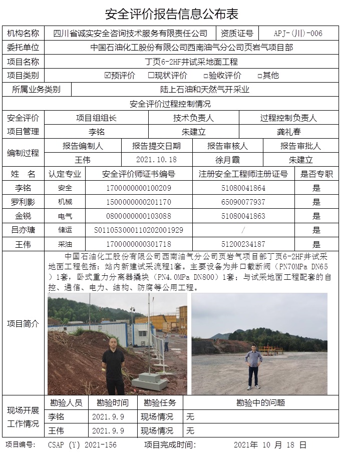 CSAP（Y）2021-156 中国石油化工股份有限公司西南油气分公司页岩气项目部丁页6-2HF井试采地面工程安全预评价报告.jpg