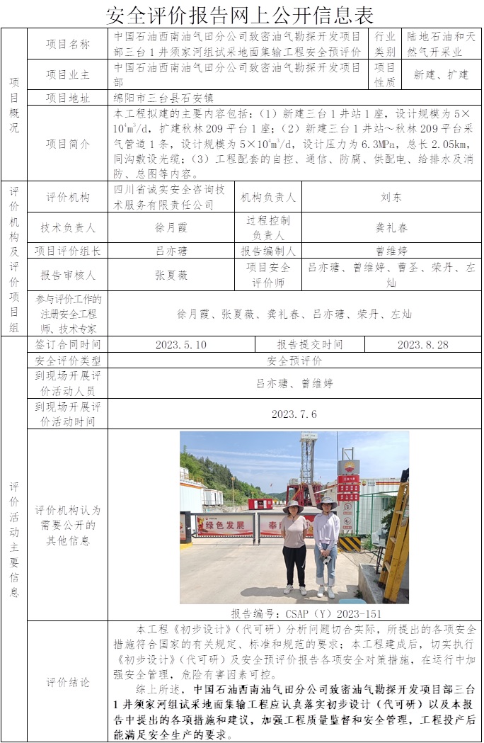 CSAP（Y）2023-151 中国石油西南油气田分公司致密油气勘探开发项目部三台1井须家河组试采地面集输工程安全预评价报告.jpg