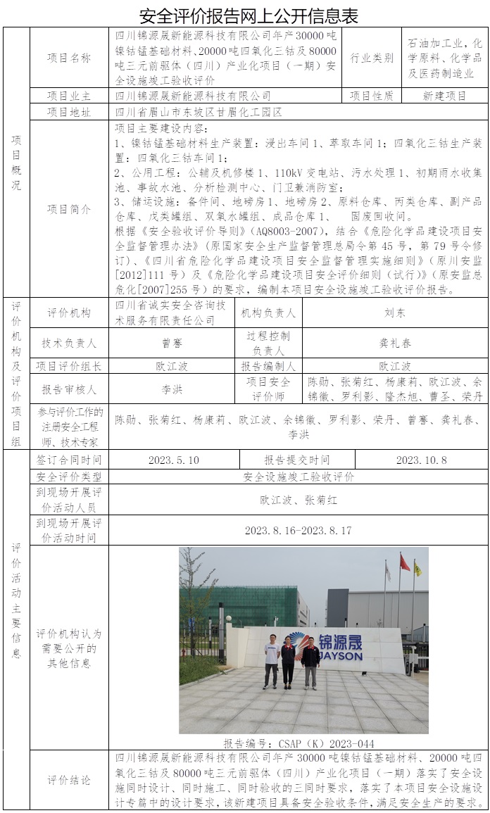 CSAP（K）2023-044 四川锦源晟新能源科技有限公司年产30000吨镍钴锰基础材料、20000吨四氧化三钴及80000吨三元前驱体（四川）产业化项目（一期）安全设施竣工验收评价报告.jpg