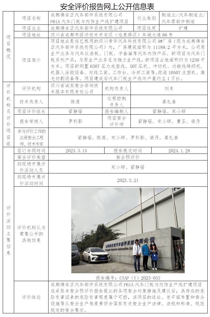 CSAP（Y）2023-053 成都佛吉亚汽车部件系统有限公司P61A汽车门板与内饰生产线扩建项目安全预评价报告.jpg