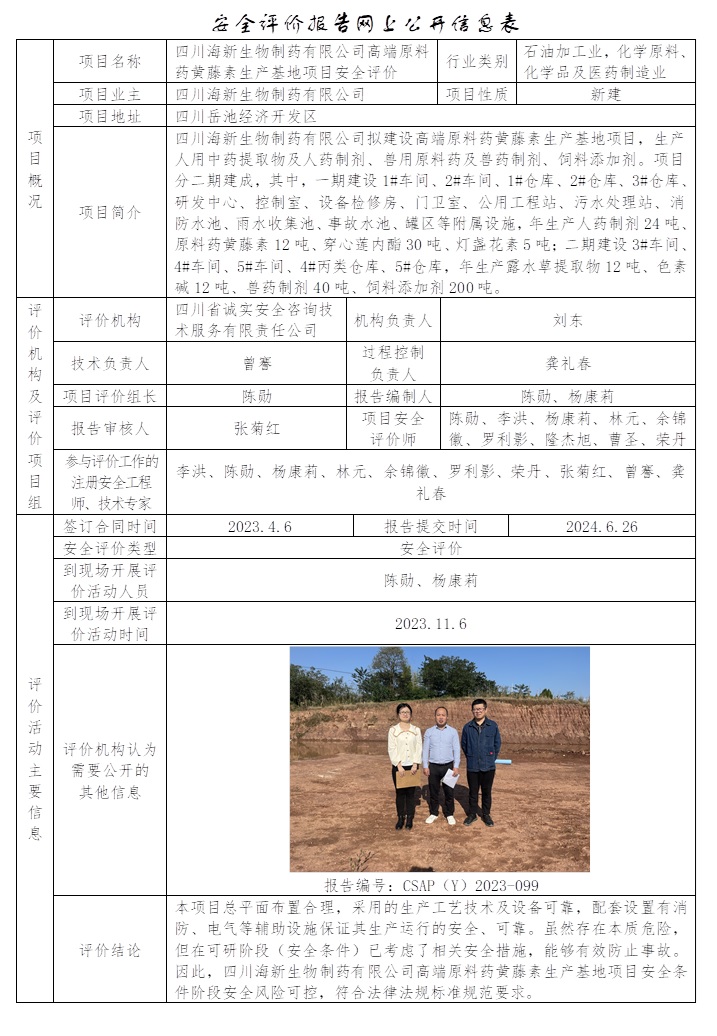 CSAP（Y）2023-099 四川海新生物制药有限公司高端原料药黄藤素生产基地项目安全评价.jpg