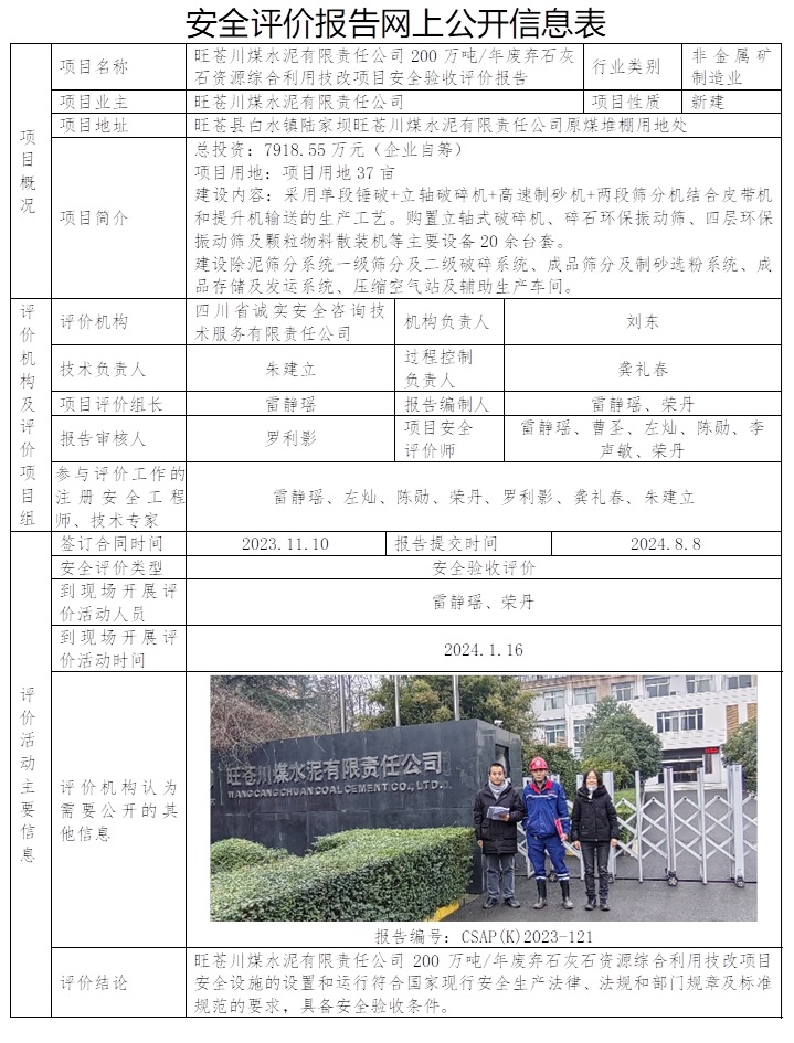 CSAP(K)2023-121 旺苍川煤水泥有限责任公司200万吨年废弃石灰石资源综合利用技改项目安全验收评价报告.jpg