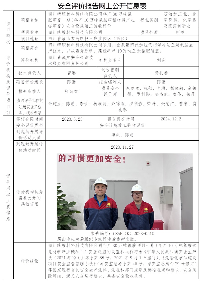 CSAP（K）2023-051G 四川晴胺材料科技有限公司年产10万吨氰胺碳氮材料产业链项目安全设施竣工验收评价（公司原公示信息撤销，重新全部公示，省网公示）.jpg