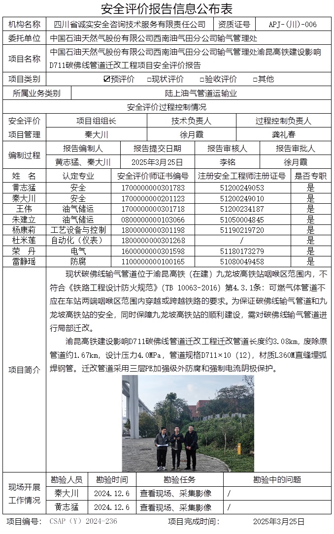 CSAP（Y）2024-236 中国石油天然气股份有限公司西南油气田分公司输气管理处渝昆高铁建设影响D711碳佛线管道迁改工程 安全评价报告.jpg