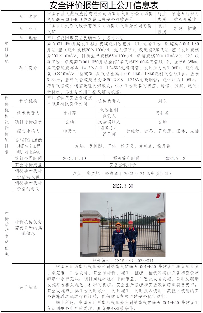 CSAP（K）2022-011 中国石油西南油气田分公司蜀南气矿高石001-H50井建设工程安全验收评价报告.jpg