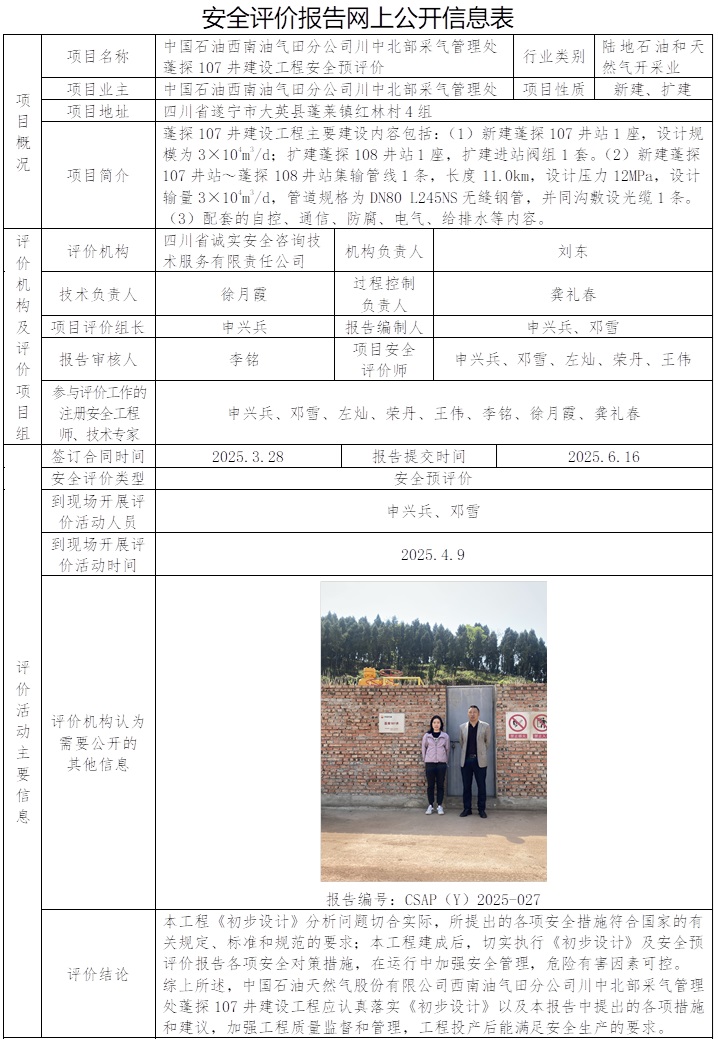 CSAP（Y）2025-027 中国石油西南油气田分公司川中北部采气管理处蓬探107井建设工程安全预评价.jpg