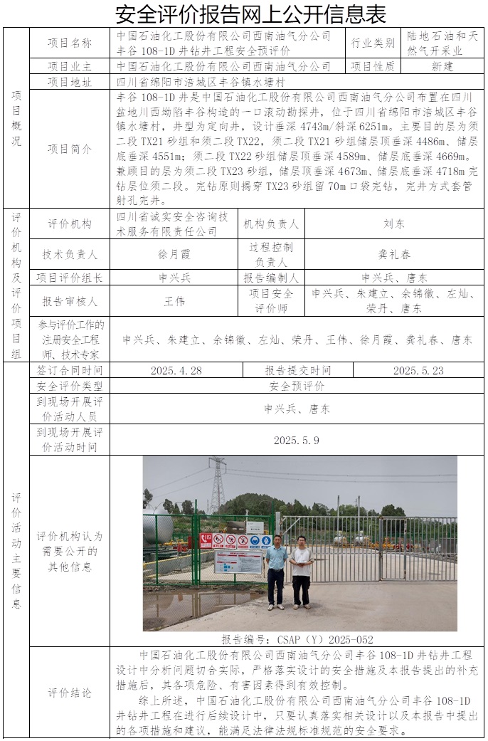 CSAP（Y）2025-052 中国石油化工股份有限公司西南油气分公司丰谷108-1D钻井工程安全预评价报告.jpg