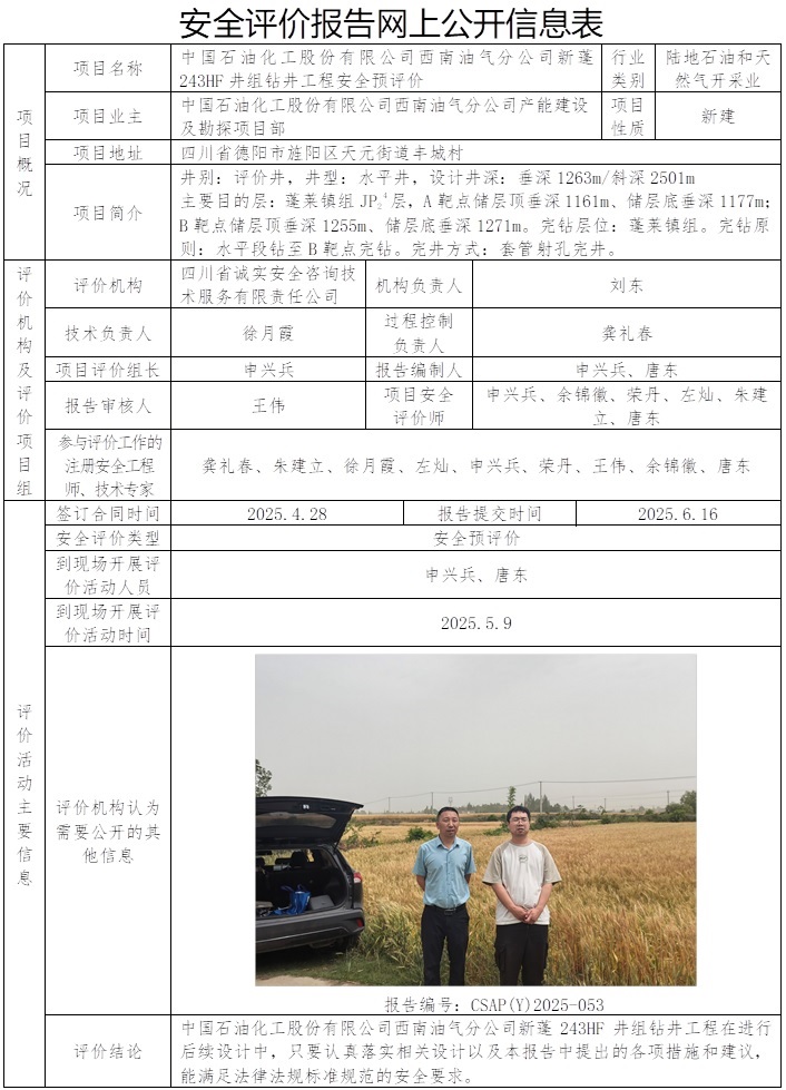 CSAP（Y）2025-053中国石油化工股份有限公司西南油气分公司新蓬243HF井组钻井工程安全预评价报告.jpg