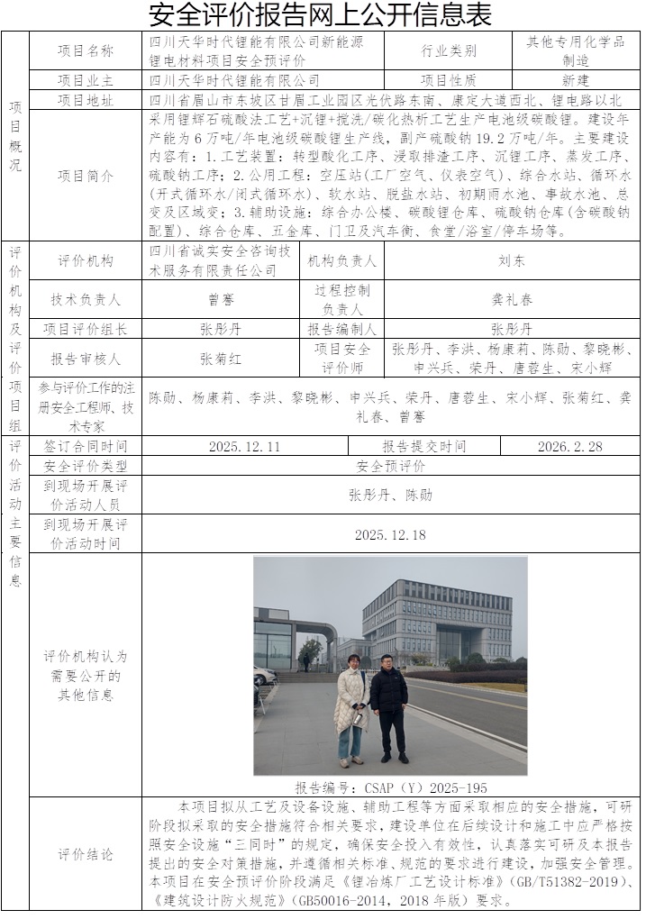 网上公开信息表-CSAP（Y）2025-195+四川天华时代锂能有限公司新能源锂电材料项目安全预评价报告.jpg